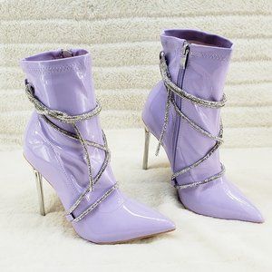 Lilac Purple Stretch Patent High Heel Ankle Boots with Rhinestone Straps